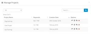 SEMScoop manage projects panel with saved project list and options